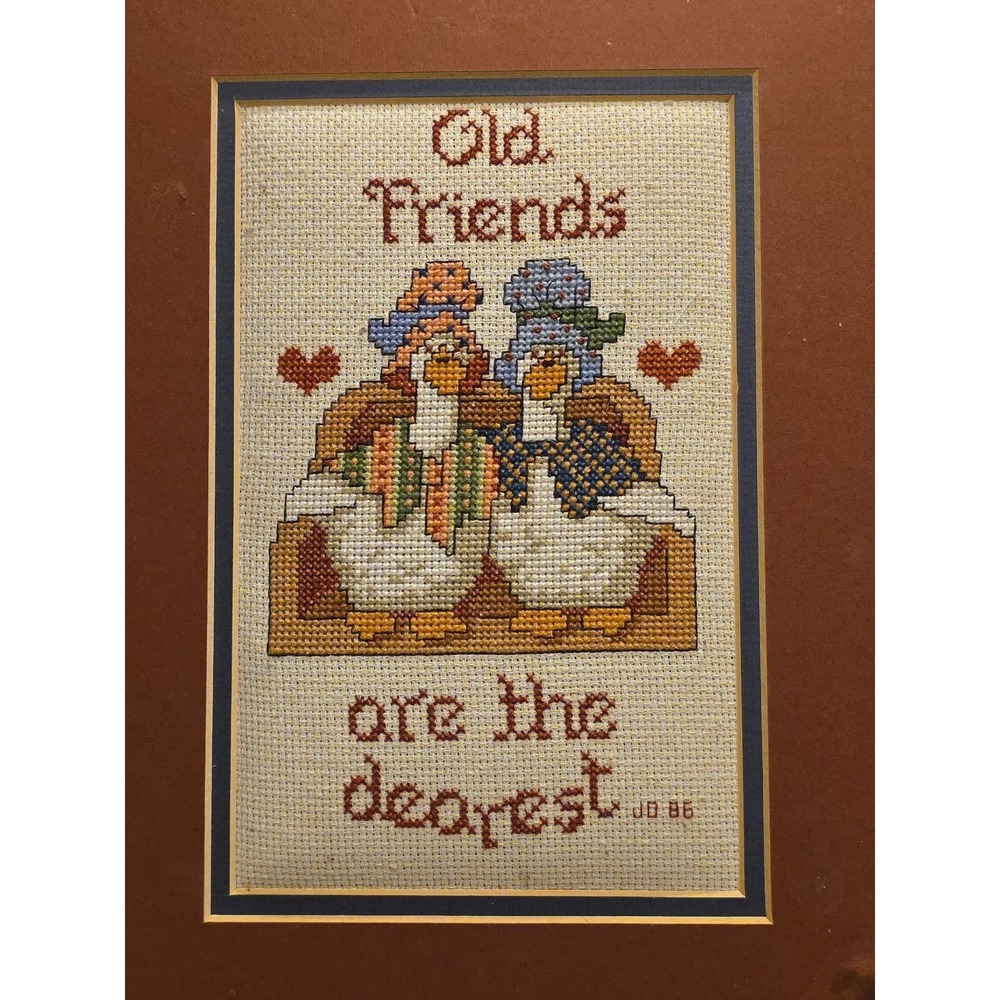 Old Friends Are The Dearest Vintage '86 Cross Stich In Wood Frame Geese Ducks